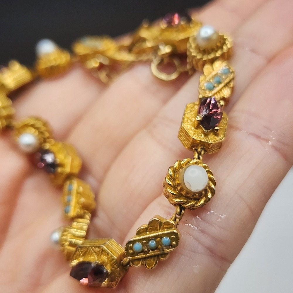 Vintage Estate Link Bracelet Victorian Revival Gold Tone Purple Rhinestone 7in